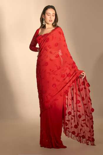 Premya By Manishii_Red Georgette, Tulle Sweetheart Neck Hand Embroidered Saree With Blouse _Online_at_Aza_Fashions