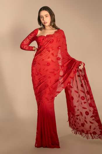 Shop_Premya By Manishii_Red Georgette, Tulle Sweetheart Neck Hand Embroidered Saree With Blouse _Online_at_Aza_Fashions