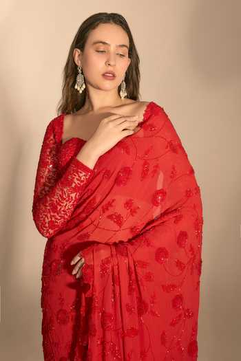 Premya By Manishii_Red Georgette, Tulle Sweetheart Neck Hand Embroidered Saree With Blouse _at_Aza_Fashions