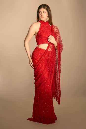 Premya By Manishii_Red Tulle Halter Neck Hand Embroidered A-line Lehenga Set _Online_at_Aza_Fashions