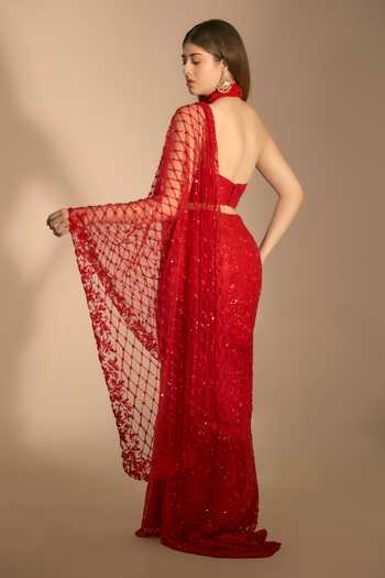 Buy_Premya By Manishii_Red Tulle Halter Neck Hand Embroidered A-line Lehenga Set _Online_at_Aza_Fashions