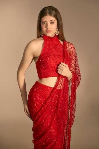 Shop_Premya By Manishii_Red Tulle Halter Neck Hand Embroidered A-line Lehenga Set _Online_at_Aza_Fashions