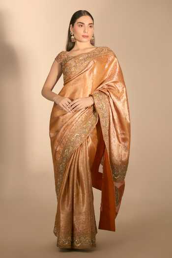 Premya By Manishii_Gold Tissue, Tulle Hand Embroidered Banarasi Saree With Blouse _Online_at_Aza_Fashions
