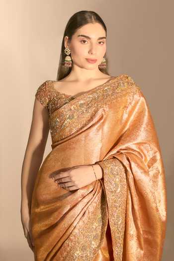 Buy_Premya By Manishii_Gold Tissue, Tulle Hand Embroidered Banarasi Saree With Blouse _Online_at_Aza_Fashions