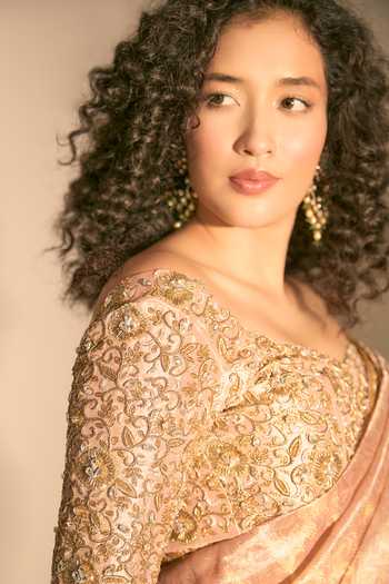 Buy_Premya By Manishii_Pink Tissue Boat Neck Hand Embroidered Banarasi Saree With Blouse _Online_at_Aza_Fashions