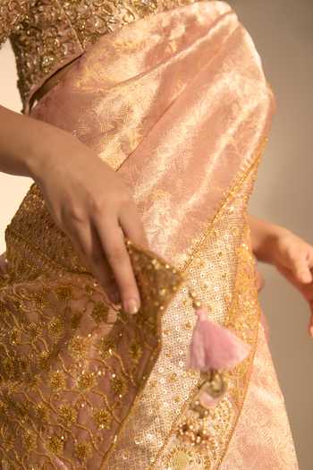 Shop_Premya By Manishii_Pink Tissue Boat Neck Hand Embroidered Banarasi Saree With Blouse _Online_at_Aza_Fashions