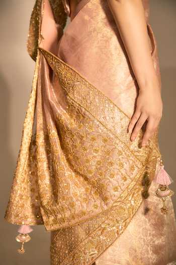 Premya By Manishii_Pink Tissue Boat Neck Hand Embroidered Banarasi Saree With Blouse _at_Aza_Fashions