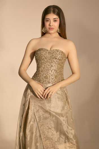 Premya By Manishii_Gold Tissue Embroidery, Zari Sweetheart Neck Banarasi Draped Skirt And Corset Set _Online_at_Aza_Fashions