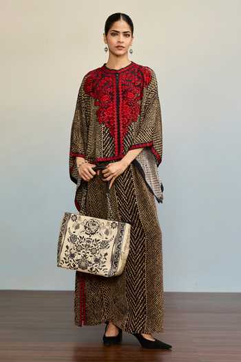 Buy_Ritu Kumar_Black Crepe, Rayon Round Neck Druti Floral Print Kaftan And Skirt Co-ord Set _Online_at_Aza_Fashions