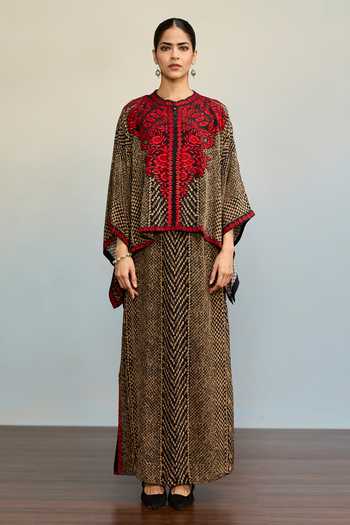 Buy_Ritu Kumar_Black Crepe, Rayon Round Neck Druti Floral Print Kaftan And Skirt Co-ord Set 
