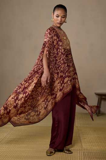 Buy Ritu Kumar Beige Viscose, Chinon, Crepe, Rayon Koyel Floral Print Cape And Pant Co-ord Set Online at Aza Fashions Buy_Ritu Kumar_Beige Viscose, Chinon, Crepe, Rayon Koyel Floral Print Cape And Pant Co-ord Set _Online_at_Aza_Fashions