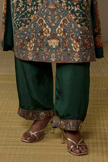 Ritu Kumar_Emerald Green Silk, Chanderi, Viscose, Crepe, Koyel Floral Print Kurta Pant Set _Online_at_Aza_Fashions
