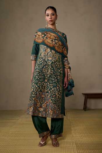 Buy_Ritu Kumar_Emerald Green Silk, Chanderi, Viscose, Crepe, Koyel Floral Print Kurta Pant Set _Online_at_Aza_Fashions