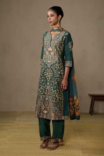 Shop_Ritu Kumar_Emerald Green Silk, Chanderi, Viscose, Crepe, Koyel Floral Print Kurta Pant Set _Online_at_Aza_Fashions