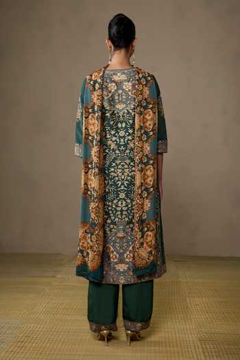 Ritu Kumar_Emerald Green Silk, Chanderi, Viscose, Crepe, Koyel Floral Print Kurta Pant Set _at_Aza_Fashions