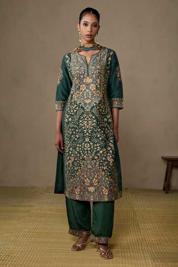 Buy_Ritu Kumar_Emerald Green Silk, Chanderi, Viscose, Crepe, Koyel Floral Print Kurta Pant Set 