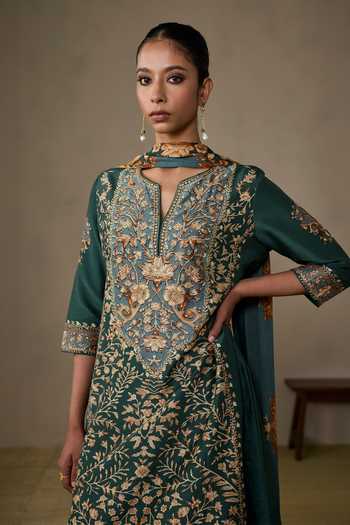 Shop_Ritu Kumar_Emerald Green Silk, Chanderi, Viscose, Crepe, Koyel Floral Print Kurta Pant Set 