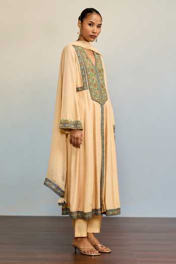 Ritu Kumar Beige Silk, Chiffon, Viscose V-neck Adira Embroidered A-line Kurta Set Online at Aza Fashions Ritu Kumar_Beige Silk, Chiffon, Viscose V-neck Adira Embroidered A-line Kurta Set _Online_at_Aza_Fashions