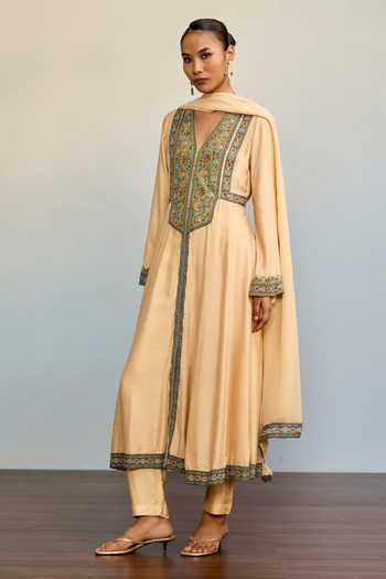 Buy Ritu Kumar Beige Silk, Chiffon, Viscose V-neck Adira Embroidered A-line Kurta Set Online at Aza Fashions Buy_Ritu Kumar_Beige Silk, Chiffon, Viscose V-neck Adira Embroidered A-line Kurta Set _Online_at_Aza_Fashions
