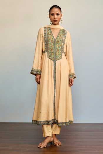 Shop Ritu Kumar Beige Silk, Chiffon, Viscose V-neck Adira Embroidered A-line Kurta Set Online at Aza Fashions Shop_Ritu Kumar_Beige Silk, Chiffon, Viscose V-neck Adira Embroidered A-line Kurta Set _Online_at_Aza_Fashions