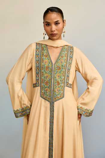 Ritu Kumar Beige Silk, Chiffon, Viscose V-neck Adira Embroidered A-line Kurta Set at Aza Fashions Ritu Kumar_Beige Silk, Chiffon, Viscose V-neck Adira Embroidered A-line Kurta Set _at_Aza_Fashions