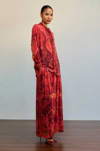 Ritu Kumar Red Crepe, Rayon Split V-neck Misty Mosaic Print Shirt And Palazzo Co-ord Set Online at Aza Fashions Ritu Kumar_Red Crepe, Rayon Split V-neck Misty Mosaic Print Shirt And Palazzo Co-ord Set _Online_at_Aza_Fashions