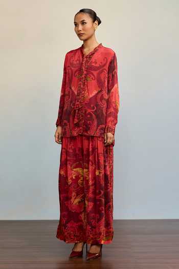 Buy Ritu Kumar Red Crepe, Rayon Split V-neck Misty Mosaic Print Shirt And Palazzo Co-ord Set Online at Aza Fashions Buy_Ritu Kumar_Red Crepe, Rayon Split V-neck Misty Mosaic Print Shirt And Palazzo Co-ord Set _Online_at_Aza_Fashions
