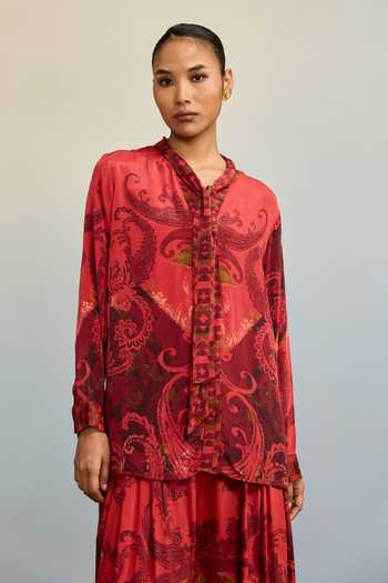 Shop Ritu Kumar Red Crepe, Rayon Split V-neck Misty Mosaic Print Shirt And Palazzo Co-ord Set Online at Aza Fashions Shop_Ritu Kumar_Red Crepe, Rayon Split V-neck Misty Mosaic Print Shirt And Palazzo Co-ord Set _Online_at_Aza_Fashions