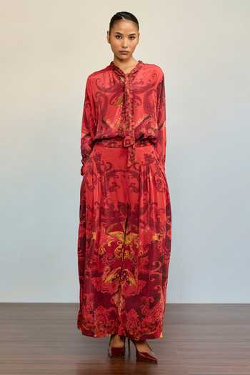 Ritu Kumar Red Crepe, Rayon Split V-neck Misty Mosaic Print Shirt And Palazzo Co-ord Set at Aza Fashions Ritu Kumar_Red Crepe, Rayon Split V-neck Misty Mosaic Print Shirt And Palazzo Co-ord Set _at_Aza_Fashions