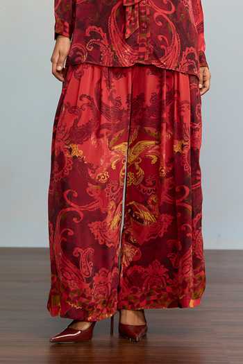 Buy Ritu Kumar Red Crepe, Rayon Split V-neck Misty Mosaic Print Shirt And Palazzo Co-ord Set Buy_Ritu Kumar_Red Crepe, Rayon Split V-neck Misty Mosaic Print Shirt And Palazzo Co-ord Set