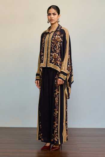 Ritu Kumar_Black Viscose, Crepe, Lycra, Jersey Collared Jardin Print Shirt With Palazzo _Online_at_Aza_Fashions