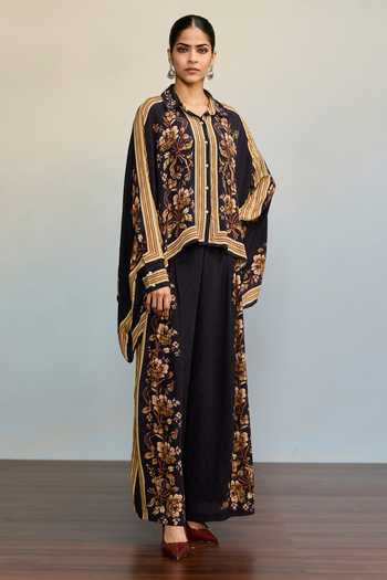 Buy_Ritu Kumar_Black Viscose, Crepe, Lycra, Jersey Collared Jardin Print Shirt With Palazzo _Online_at_Aza_Fashions