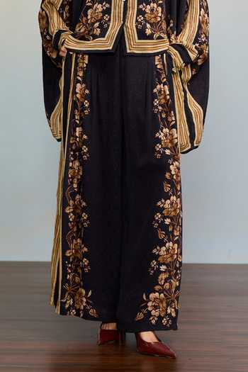 Shop_Ritu Kumar_Black Viscose, Crepe, Lycra, Jersey Collared Jardin Print Shirt With Palazzo _Online_at_Aza_Fashions