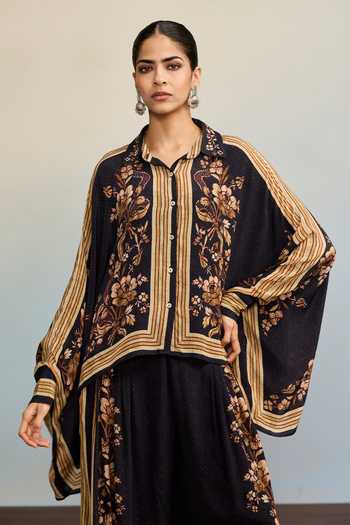 Ritu Kumar_Black Viscose, Crepe, Lycra, Jersey Collared Jardin Print Shirt With Palazzo _at_Aza_Fashions