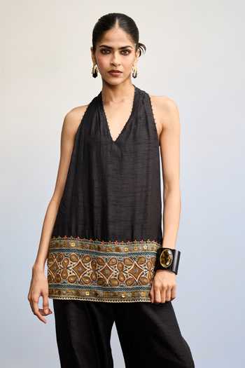 Ritu Kumar_Black Viscose, Dupion V-neck Ansh Sleeveless Top And Pant Co-ord Set _Online_at_Aza_Fashions