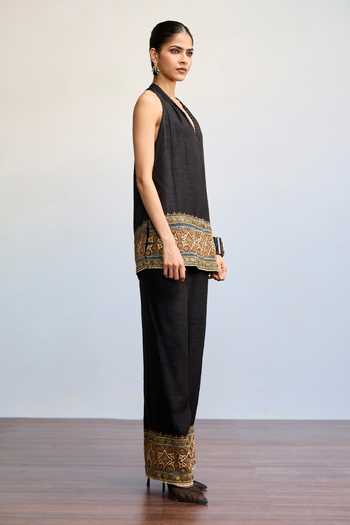 Shop_Ritu Kumar_Black Viscose, Dupion V-neck Ansh Sleeveless Top And Pant Co-ord Set _Online_at_Aza_Fashions