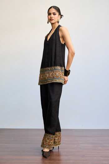 Ritu Kumar_Black Viscose, Dupion V-neck Ansh Sleeveless Top And Pant Co-ord Set _at_Aza_Fashions