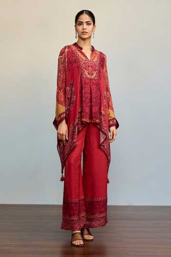 Buy Ritu Kumar Maroon Silk, Viscose, Bemberg Split V-neck Qala Kaftan And Palazzo Co-ord Set Online at Aza Fashions Buy_Ritu Kumar_Maroon Silk, Viscose, Bemberg Split V-neck Qala Kaftan And Palazzo Co-ord Set _Online_at_Aza_Fashions