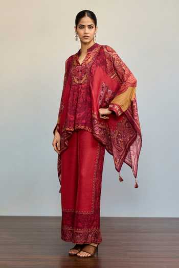 Shop Ritu Kumar Maroon Silk, Viscose, Bemberg Split V-neck Qala Kaftan And Palazzo Co-ord Set Online at Aza Fashions Shop_Ritu Kumar_Maroon Silk, Viscose, Bemberg Split V-neck Qala Kaftan And Palazzo Co-ord Set _Online_at_Aza_Fashions