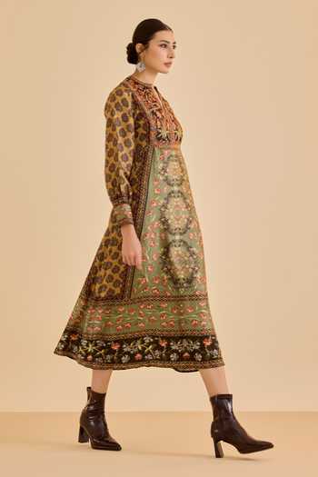 Ritu Kumar_Green Silk Mandarin Collar Albina Floral Print Dress _Online_at_Aza_Fashions