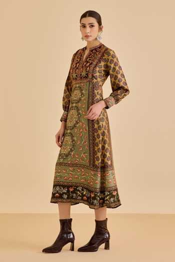 Buy_Ritu Kumar_Green Silk Mandarin Collar Albina Floral Print Dress _Online_at_Aza_Fashions
