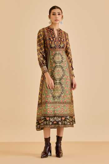 Shop_Ritu Kumar_Green Silk Mandarin Collar Albina Floral Print Dress _Online_at_Aza_Fashions