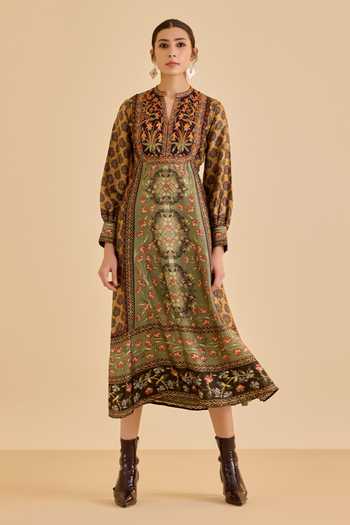 Ritu Kumar_Green Silk Mandarin Collar Albina Floral Print Dress _at_Aza_Fashions