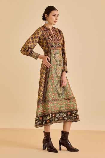 Buy_Ritu Kumar_Green Silk Mandarin Collar Albina Floral Print Dress 