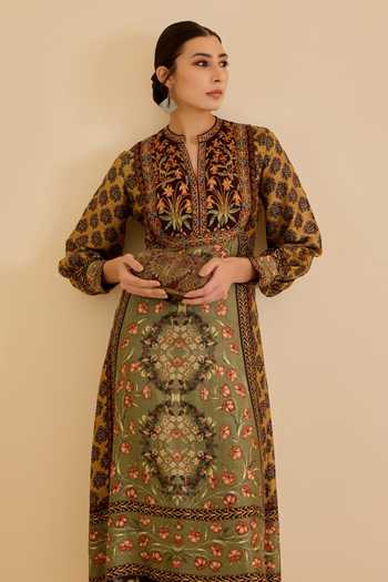 Shop_Ritu Kumar_Green Silk Mandarin Collar Albina Floral Print Dress 
