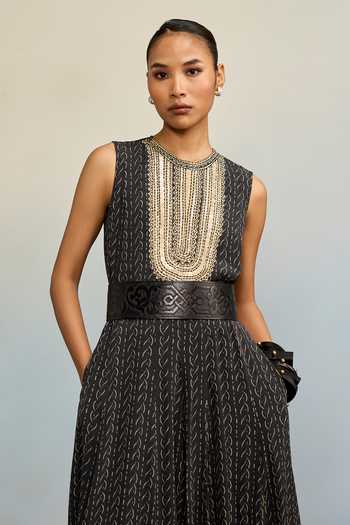 Shop Ritu Kumar Black Crepe, Rayon High Neck Bhumi Micro Print Jumpsuit Online at Aza Fashions Shop_Ritu Kumar_Black Crepe, Rayon High Neck Bhumi Micro Print Jumpsuit _Online_at_Aza_Fashions