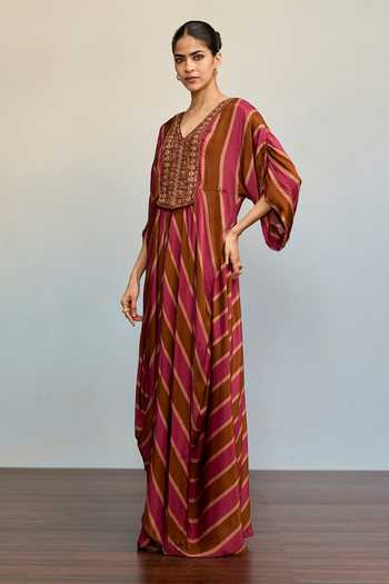 Ritu Kumar Pink Satin, Chinon V-neck Blush Brown Stripe Print Kaftan Online at Aza Fashions Ritu Kumar_Pink Satin, Chinon V-neck Blush Brown Stripe Print Kaftan _Online_at_Aza_Fashions