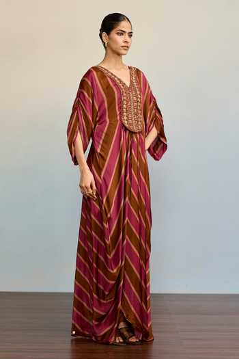 Buy Ritu Kumar Pink Satin, Chinon V-neck Blush Brown Stripe Print Kaftan Online at Aza Fashions Buy_Ritu Kumar_Pink Satin, Chinon V-neck Blush Brown Stripe Print Kaftan _Online_at_Aza_Fashions