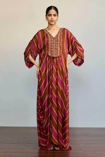 Shop Ritu Kumar Pink Satin, Chinon V-neck Blush Brown Stripe Print Kaftan Online at Aza Fashions Shop_Ritu Kumar_Pink Satin, Chinon V-neck Blush Brown Stripe Print Kaftan _Online_at_Aza_Fashions