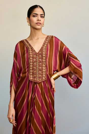 Ritu Kumar Pink Satin, Chinon V-neck Blush Brown Stripe Print Kaftan at Aza Fashions Ritu Kumar_Pink Satin, Chinon V-neck Blush Brown Stripe Print Kaftan _at_Aza_Fashions